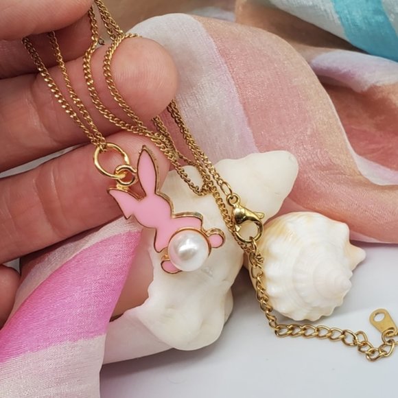 Baby Rabbit Bunny's Pink Enameled Faux Pearl Gold Chain Necklace - Picture 5 of 6